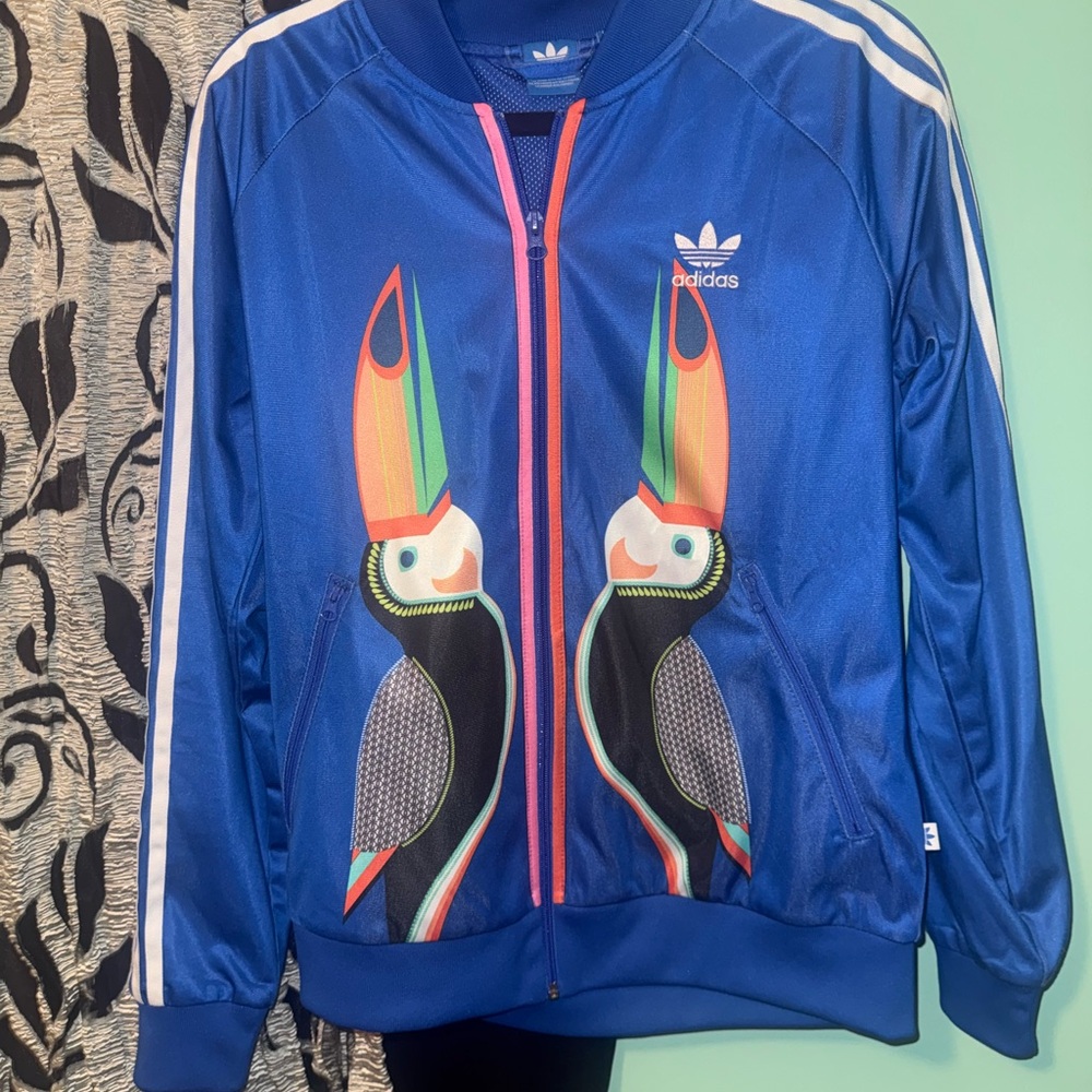 adidas Originals Blue Bomber Jacket with Toucan Design Tulane M NWOT Supergirl